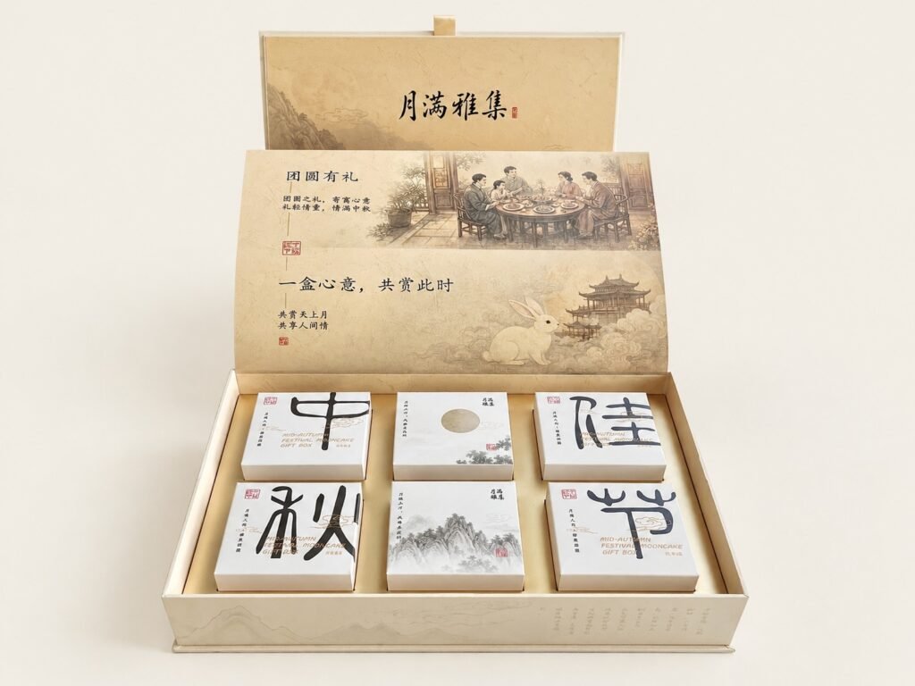 Cream book-style gift box opened to show six compartments