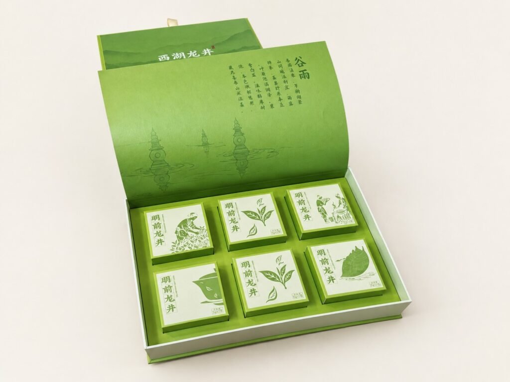 Green book-style tea box opened to show six inner boxes