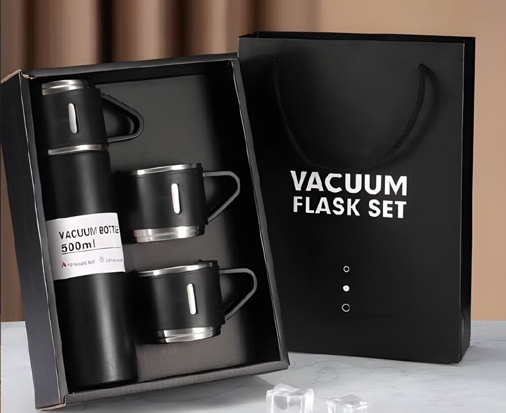 Black vacuum flask set box with cups and gift bag