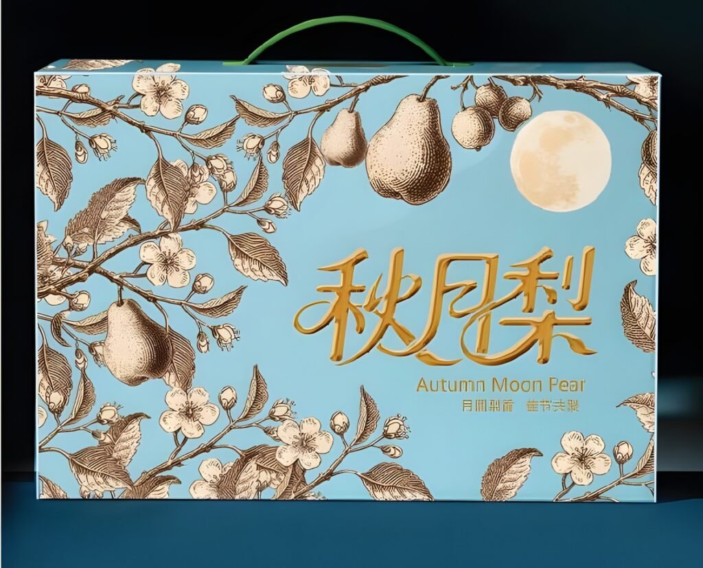 Printed fruit gift box with handle, pear illustration