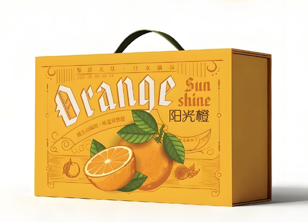 Yellow fruit gift box with handle, orange print