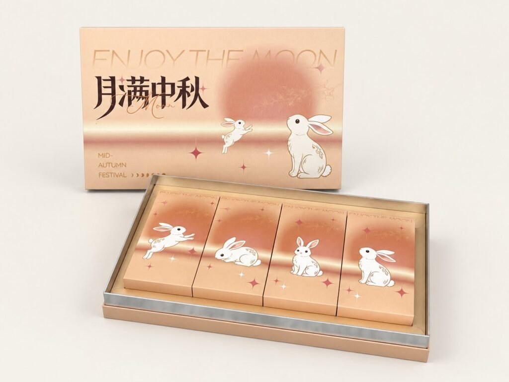 Peach lid and base gift box with four printed inner boxes