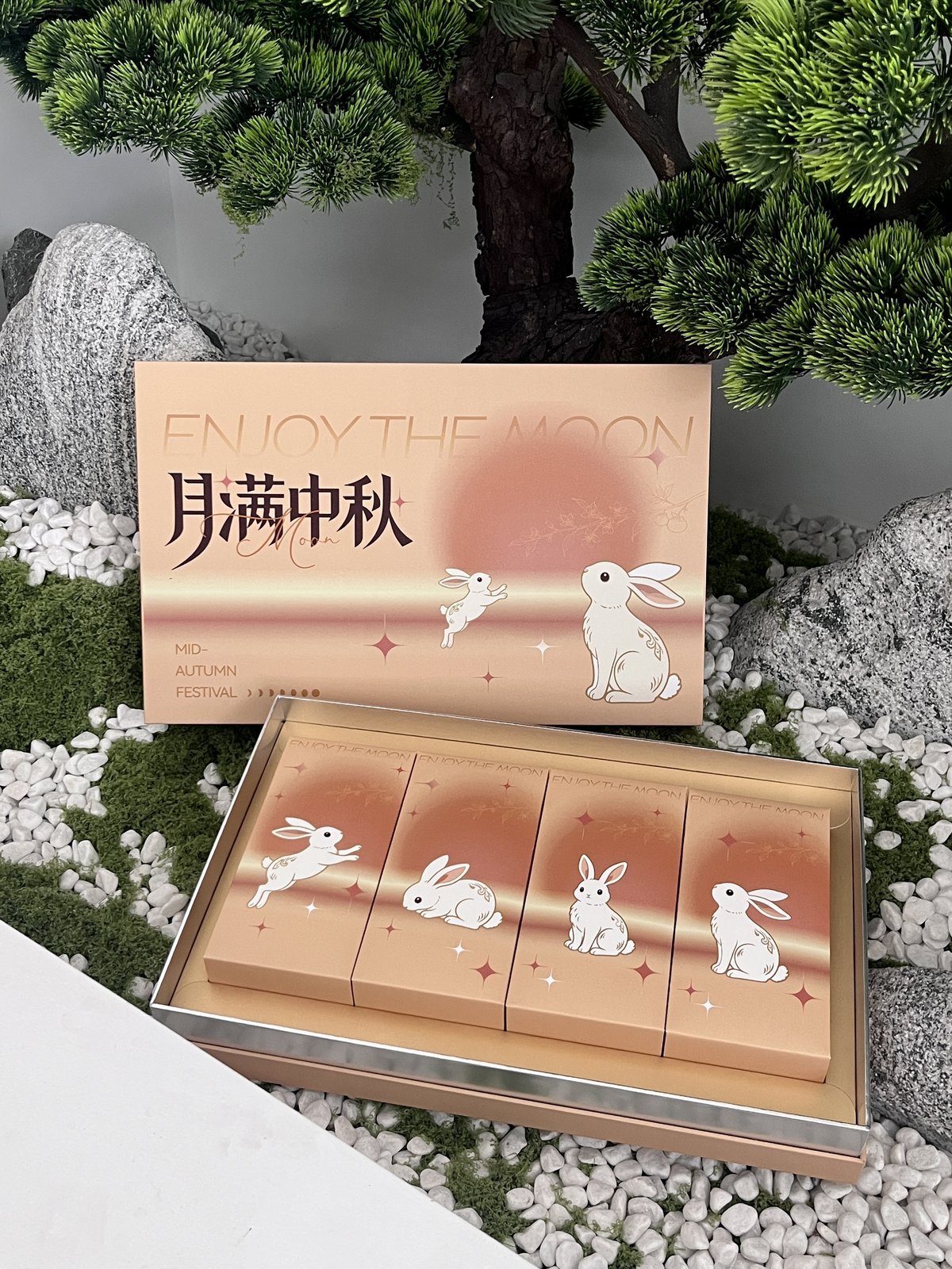 Peach lid and base gift box with four printed inner boxes