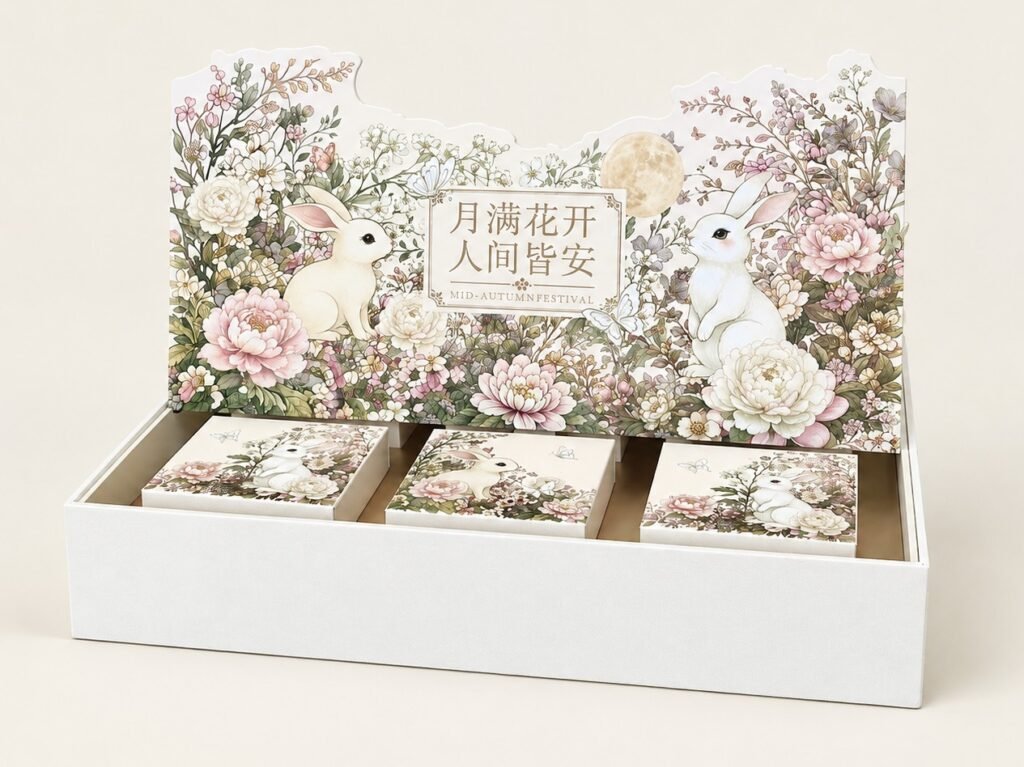 Mooncake gift box with die-cut floral lid, rabbit illustration and three inner boxes