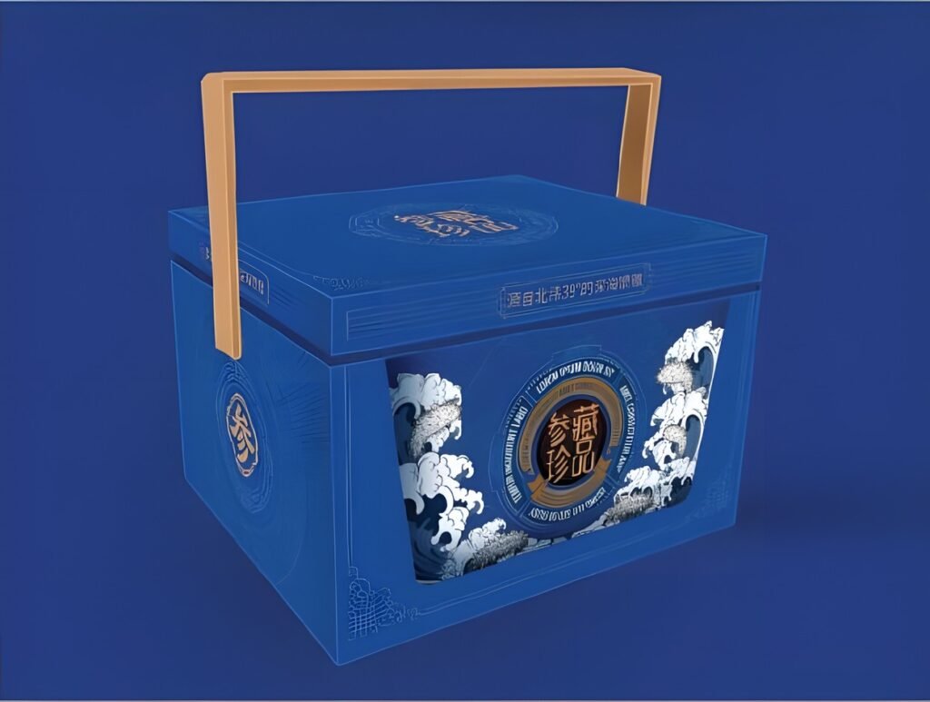 Blue seafood gift box with wooden-look handle