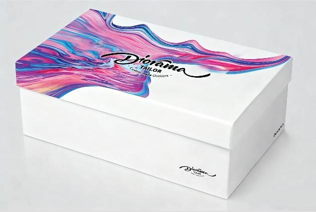 White lid and base shoe box with colourful printed lid