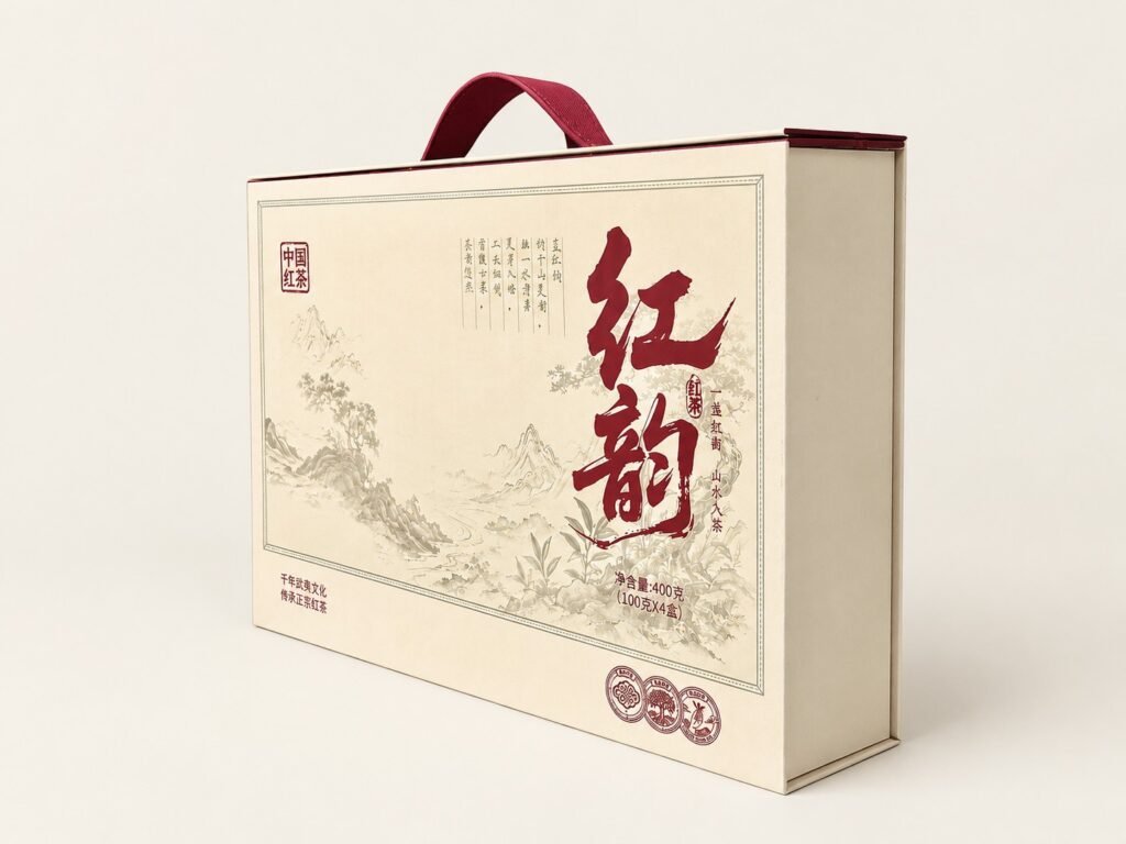Black tea gift box with carry handle and landscape print