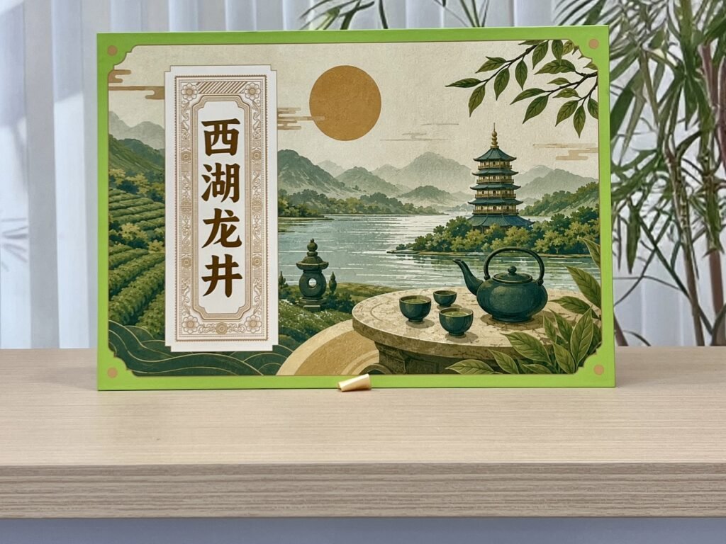Green rigid tea gift box with West Lake landscape print